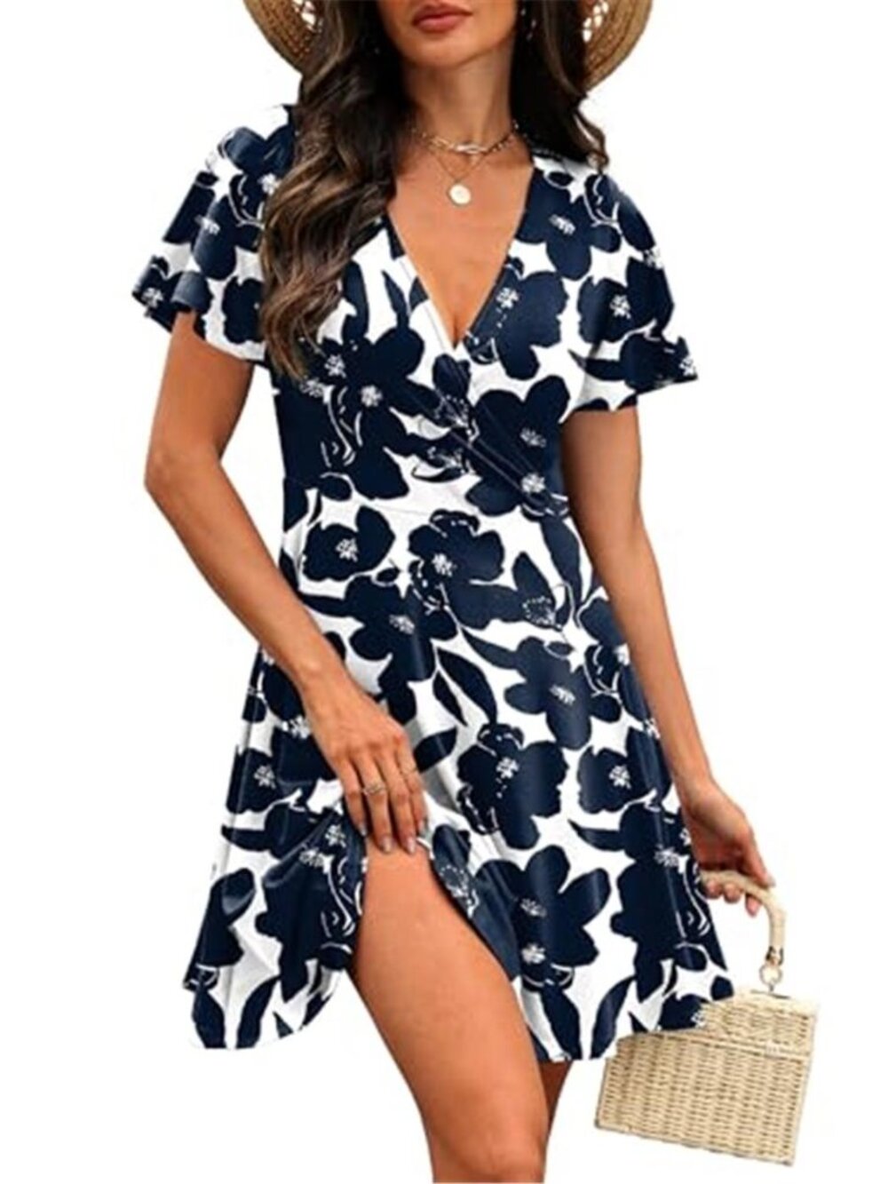 Womens Casual Dresses Wrap V Neck Dress A-Line Ruffle Sleeve Summer - Picture 2 of 5